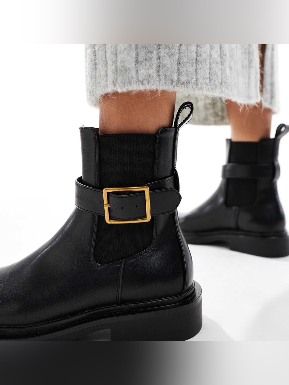 Black Chelsea Ankle Boots with Gold Buckle - Women